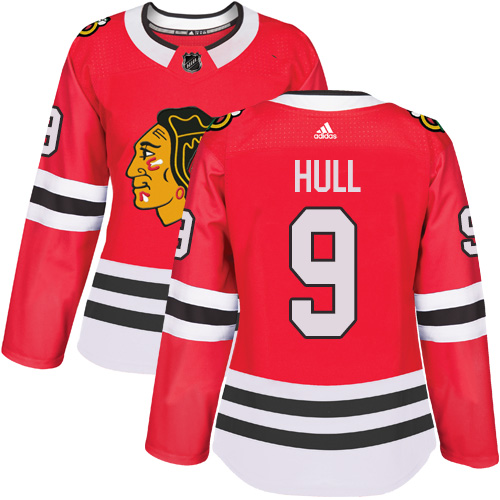 Adidas Blackhawks #9 Bobby Hull Red Home Authentic Women's Stitched NHL Jersey - Click Image to Close